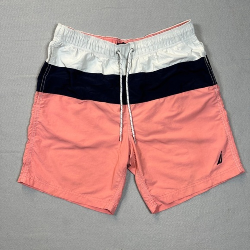 Nautica Mens Colorblock Swim Trunks Corral Navy White Size M